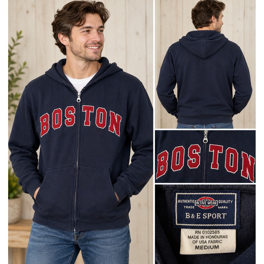 B&E Sport Boston Hoodie Men's Medium Navy Full Zip Red Spellout Sweatshirt